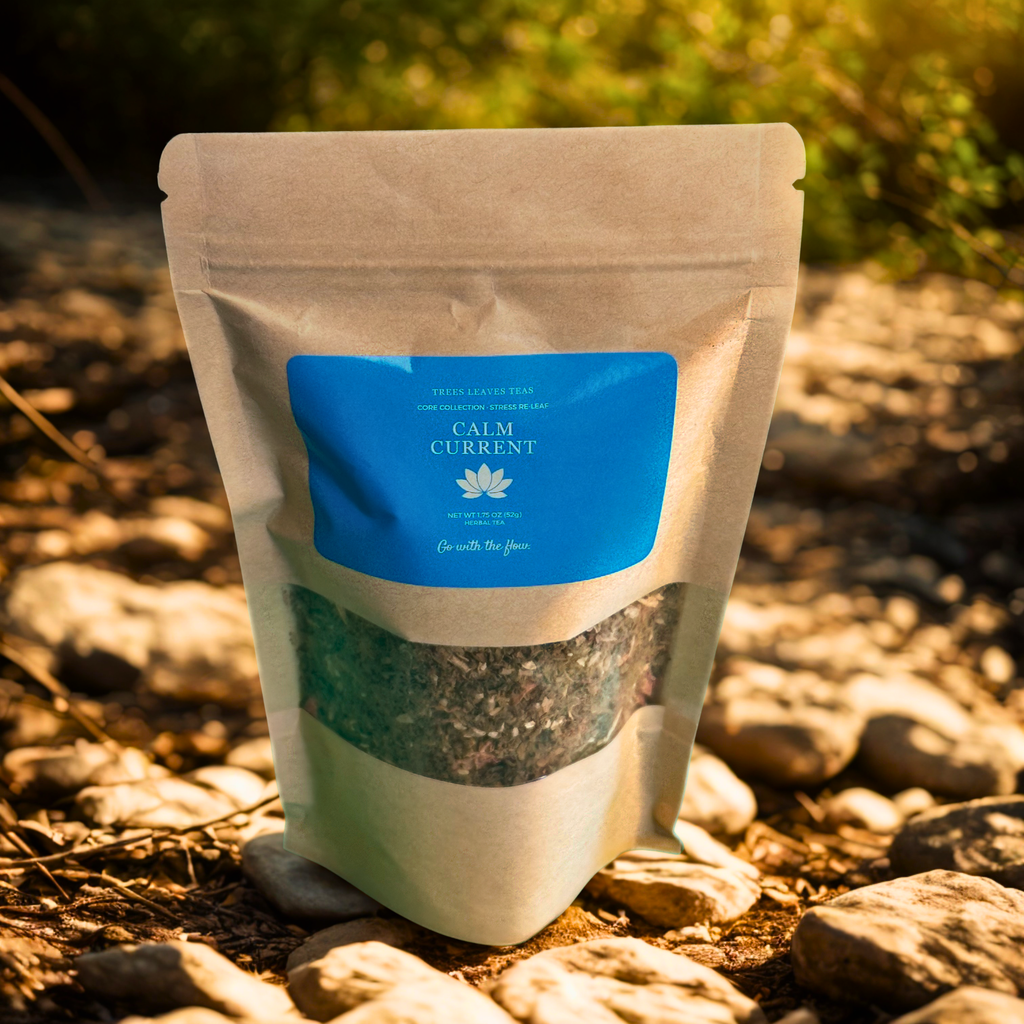 Bag of tea with a blue label by Trees Leaves Teas on a natural background