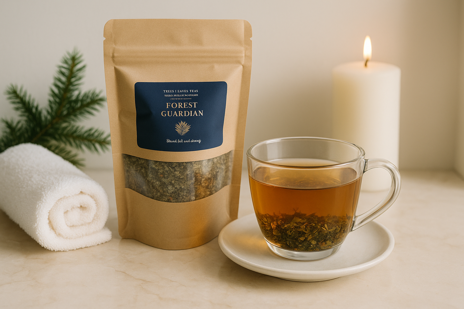 Tea package labeled 'Forest Guardian' by Trees Leaves Teas next to a cup of tea on a saucer with a candle and towel in the background.