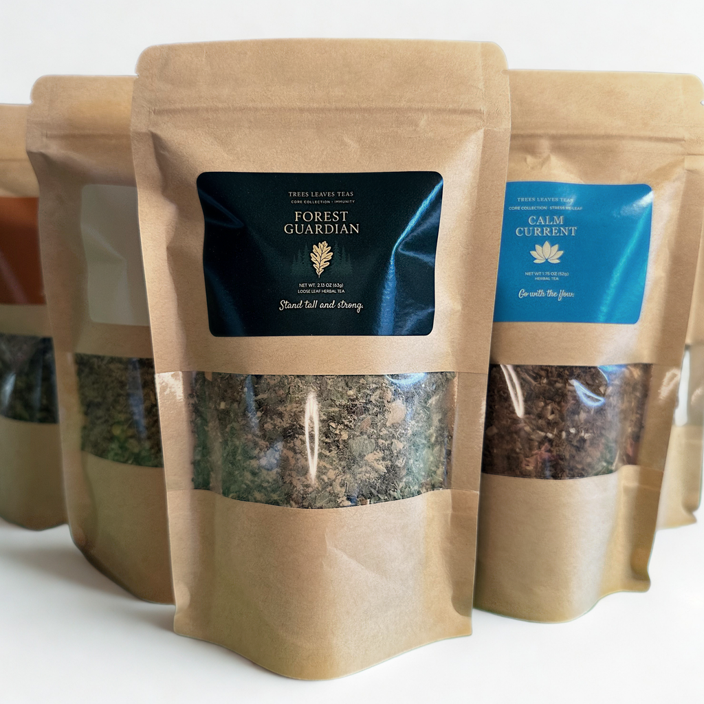 Tea packages in Kraft bags with visible brand names by Trees Leaves Teas on a white background