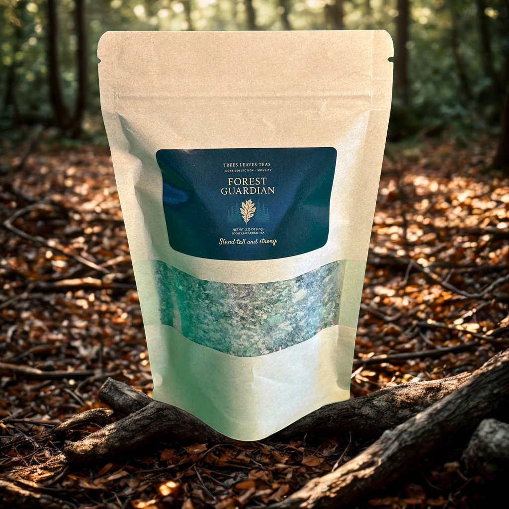Tea package labeled 'Forest Guardian' on a forest floor background