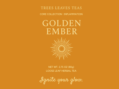 Bright orange tea label 'Golden Ember' with the slogan "Ignite your glow."