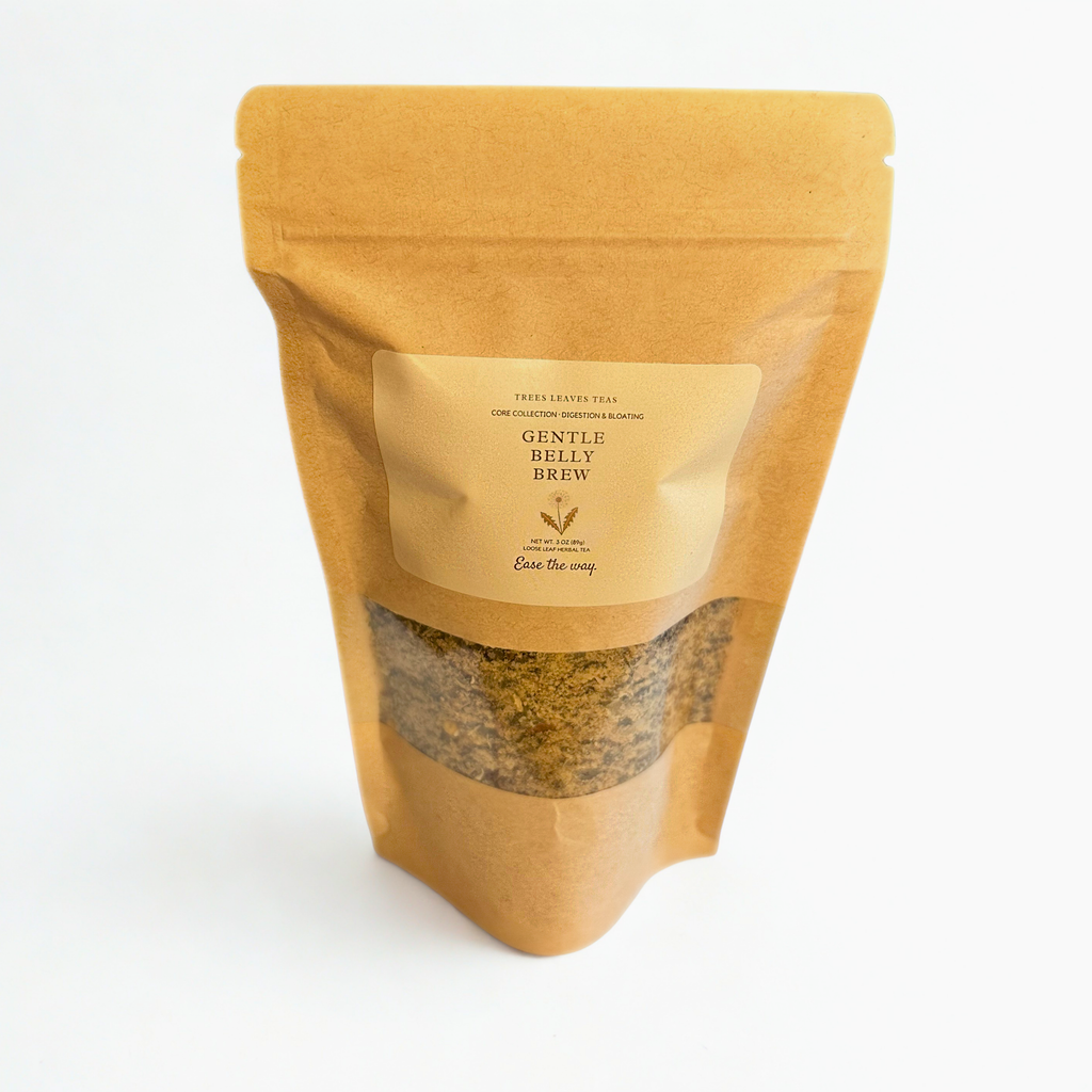 Tea package in Kraft paper labeled a Gentle Belly Brew by Trees Leaves Teas