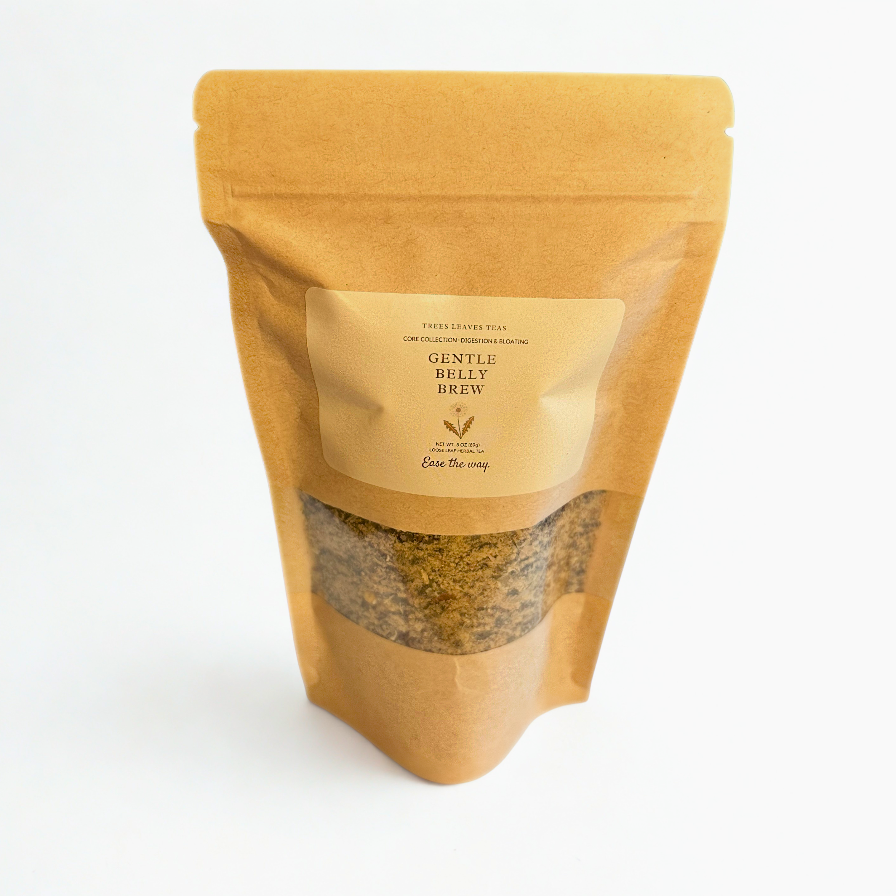 Tea package in Kraft paper labeled a Gentle Belly Brew by Trees Leaves Teas