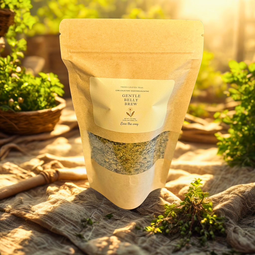 Tea package in Kraft paper with label Gentle Belly Brew by Trees Leaves Teas lit by the sun surround by herbal shrubs on a rustic wooden table