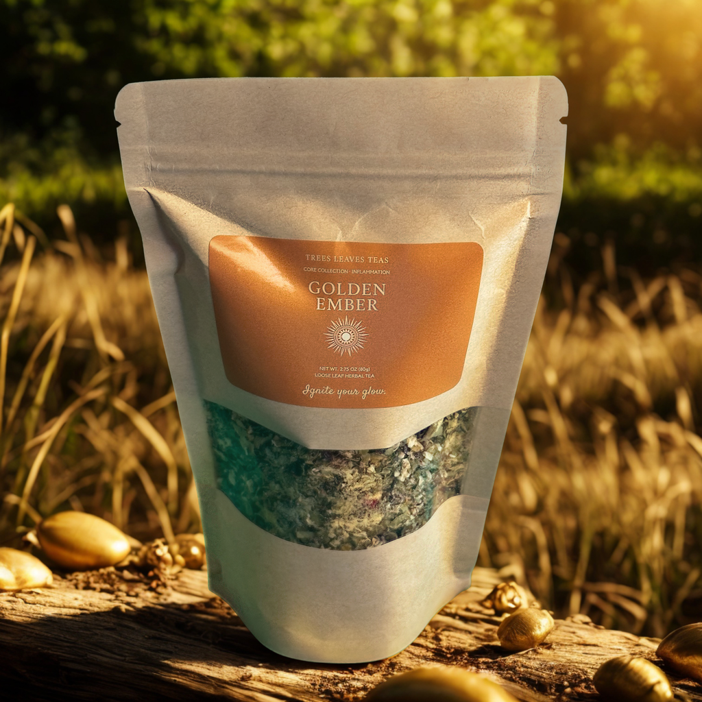 Tea package labeled 'Golden Ember' on a wooden surface with a natural background