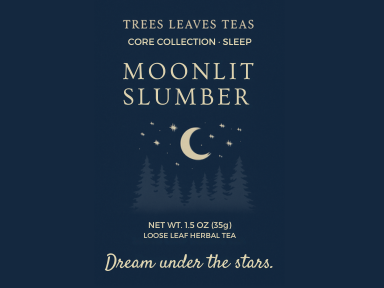 Tea label 'Moonlit Slumber' with a night sky design on a dark blue background. "Dream under the stars."