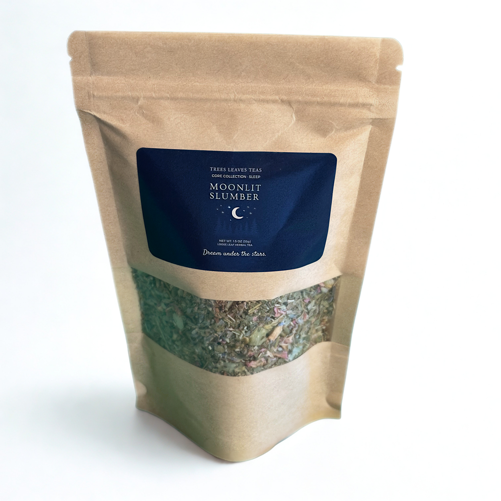 Kraft paper tea bag with 'Moonlit Slumber' label on a white background