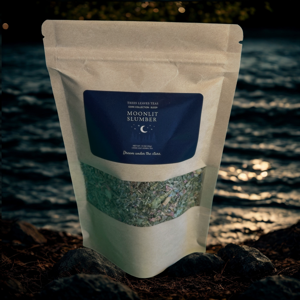 Tea package labeled 'Moonlit Slumber' with a scenic background