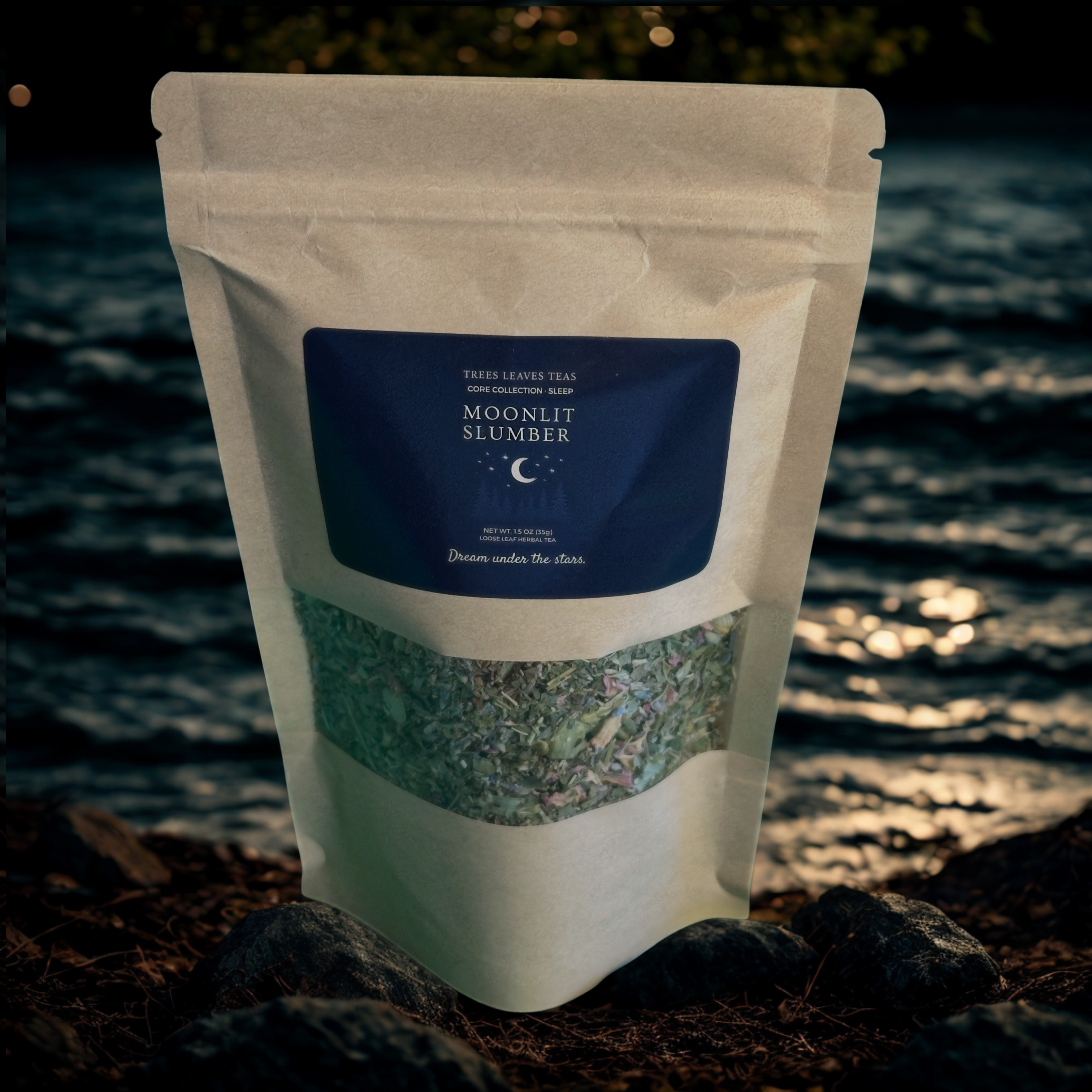 Tea package labeled 'Moonlit Slumber' with a scenic background